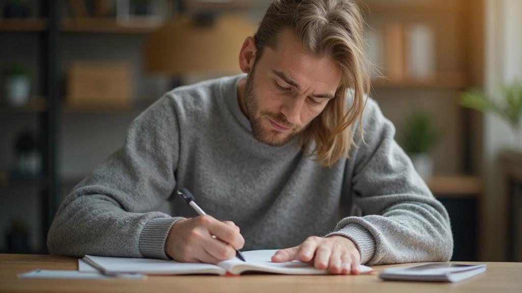 Persoon die notities maakt in een notitieboekje op een bureau