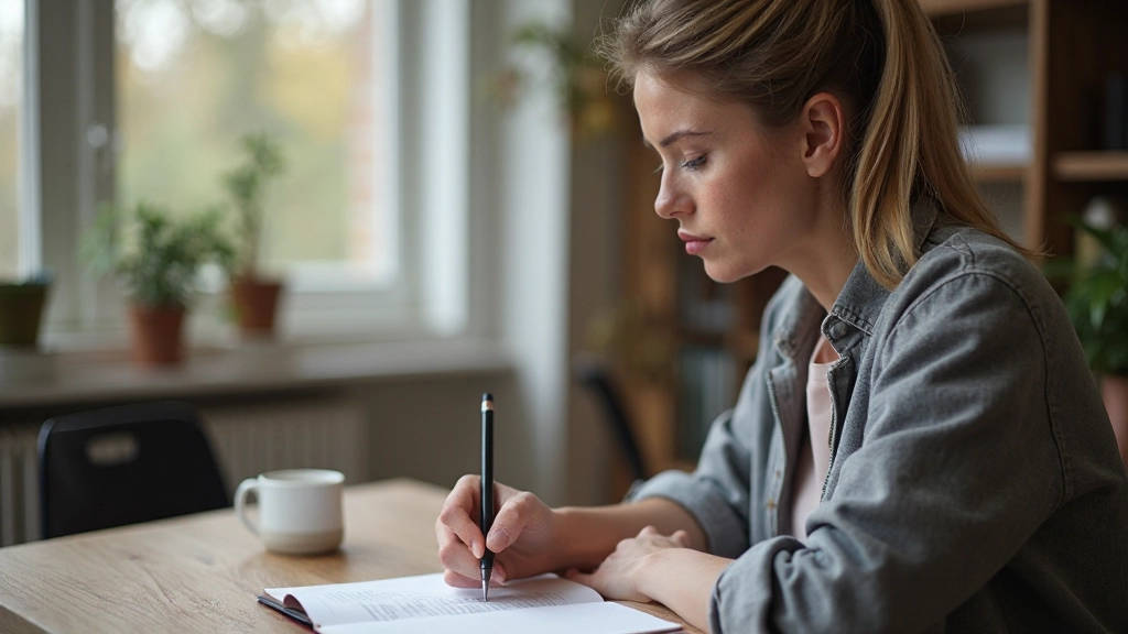 Persoon die een notitieboek bijwerkt met intentie en focus