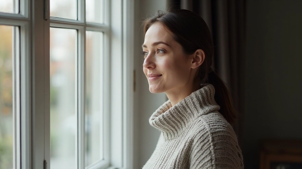 Vrouw kijkt zelfverzekerd uit het raam, transformatie van zelfgesprekken
