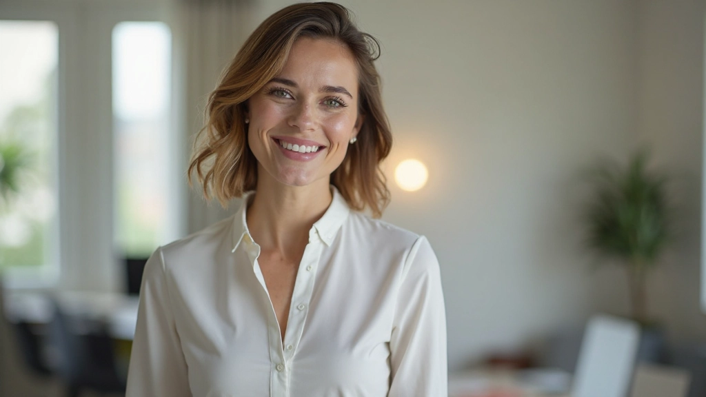 Vrouw die zelfverzekerd naar voren kijkt in een heldere werkruimte