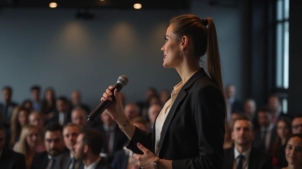 Vrouw die zelfverzekerd met een microfoon staat en tot een publiek spreekt met goede lichaamstaal