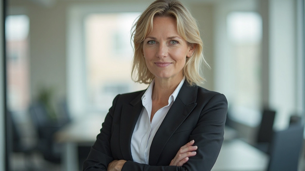 Vrouw die vol zelfvertrouwen naar voren kijkt in een moderne werkruimte met natuurlijk licht